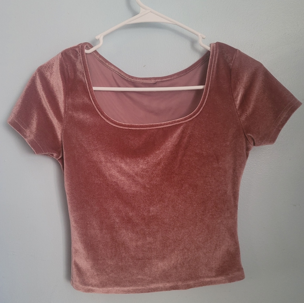 Rose gold Pink Velvet Crop Top Short sleeve shirt size small
